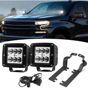 Wsays 2pcs 24 W LED Light Pods & Ditch Hood Hinge LED Pod Mount Bracket w/Wiring Kit Compatible with Chevrolet Silverado 1500 2019-2022