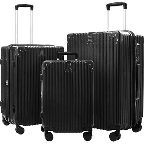 3-Piece Expandable Luggage Set Suitcase in Classic Black -Double Wheel Stability & Secure TSA Locks(20in24in28in)
