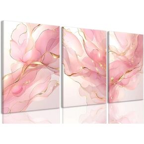 Fetyiu Abstract Marble Canvas Wall Art Pink and Gold Poster Prints Framed Set of 3 Modern Painting Pictures Artwork Wall Decor for Bedroom Living Room Gallery (Pink Gold, 12"x16" Canvas)