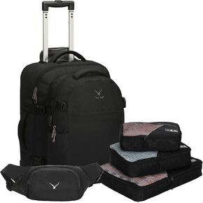 Hynes Eagle 2 in 1 Travel Backpack 22 inches Carry on Luggage 63L Rolling Backpack for Men Women with Packing Cubes 3PCS Set Black Waist Pack Black
