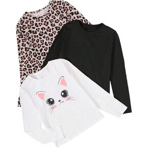 SweatyRocks Girl's 3 Pack Cute Long Sleeve T Shirt Leopard Print Crew Neck Casual Tee Tops
