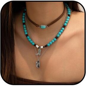 Layered Western Necklaces for Women Turquoise Beaded Choker Necklace Silver Boho Cowgirl Necklace Long Y Shape Western Country Necklace Bull Head Pendant Necklace Evil Eye Necklace Country Concert Jewelry