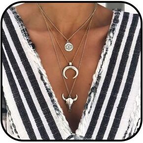 Layered Western Necklaces for Women Turquoise Beaded Choker Necklace Silver Boho Cowgirl Necklace Long Y Shape Western Country Necklace Bull Head Pendant Necklace Evil Eye Necklace Country Concert Jewelry