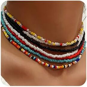 7 Pieces Rainbow Beads Chokers Tiny Seed Beaded Necklaces Glass Beads Bohemain Jewelry for Summer Vacation Minimalist