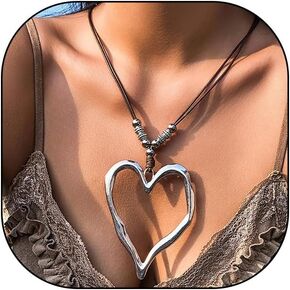 GIGB PBDK Boho Adjustable Leather Cord Heart Pendant Necklace for Women Gold Exaggeration Heart Collar Tie Necklace Vintage Heart Choker Jewelry Gift