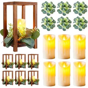8 Set/24 Pcs Wooden Wedding Lantern Centerpiece, Lantern Candle Holder for Rustic Wedding Table Decoration, Country Barn Wedding with 8 Flameless LED Candles 8 Eucalyptus Leaves Wreath