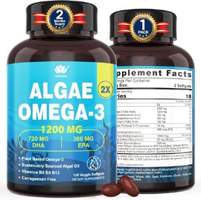 Vegan Omega-3 Algae Oil + DHA 720mg & EPA 360mg, Methyl B9, B12, Vitamin B6 & E, Plant-Based Fish Oil Alternative Omega 3 Supplement, for Brain, Eye, Energy, Immunity, Carrageenan Free, 120 Softgels