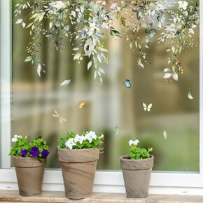 Flower Butterfly Window Clings Wall Stickers, PVC Double-Sided Hanging Floral Plant Anti Collision Removable Spring Summer Window Decals, Window Cling for Home Party Shop Glass Display
