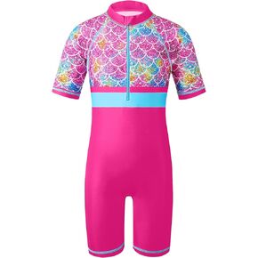 TFJH E 1PCS Girls Short Sleeve Swimsuits UV 50+ Bathing Suits Sunsuits Zipper 2-14Y