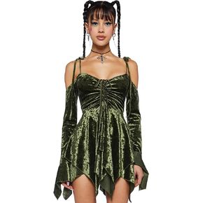 Dolls Kill F is for Fairies Handkerchief Dress for Women - Off-Shoulder, Custom Fit Dress for Fairycore Fashion - Olive Velvet, X-Small