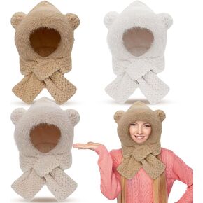 3 Pcs Winter Bear Ear Beanie Hat Scarf Women Kawaii Fluffy Knit Hat 2 in 1 Cute Warm Fuzzy Japanese Balaclava Cap for Christmas Hood Clothes, Beige, Khaki, White