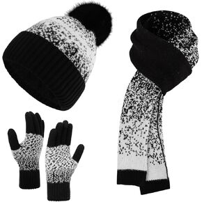 Women Beanie Hat Scarf Gloves Set, Warm Fleece Lined Winter Cap with Pom Pom, Long Knit Scarf Touchscreen Gloves