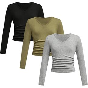 SOLY HUX Girl's Ruched Long Sleeve Shirts 3 Packs V Neck Basic Spring Fall T-Shirts Tops
