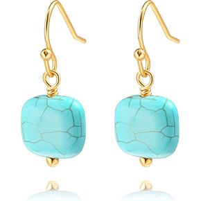 Natural Turquoise Red Jasper Gemstone Earrings 18K Gold Plated Hook Square Stone Dangle Drop Earrings Jewelry for Women
