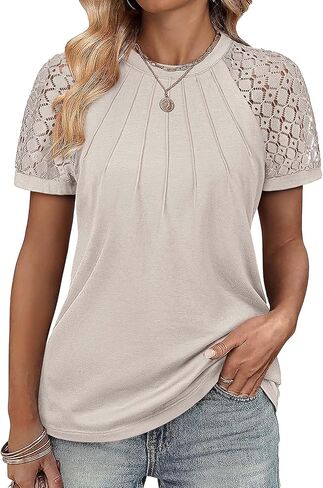 ATHMILE Womens Tshirts Trendy Fashion Tops Lace Short Sleeve Business Tee Shirts Casual Knitted Blouses Summer Outfits 2025 in Kuwait