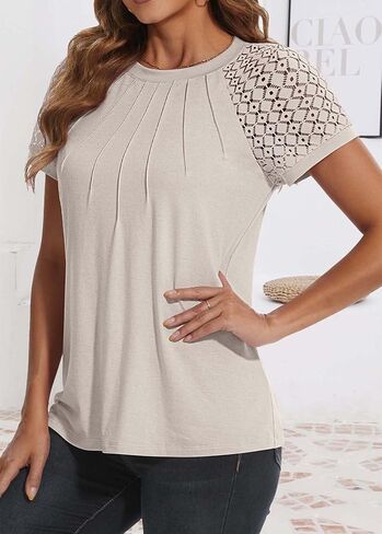 ATHMILE Womens Tshirts Trendy Fashion Tops Lace Short Sleeve Business Tee Shirts Casual Knitted Blouses Summer Outfits 2025 in Kuwait