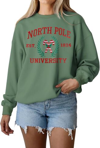 IZYJOY Christmas North Pole University Sweatshirt Women Xmas Candy Embroidered Shirt Crewneck Oversized Holiday Pullover Top in Saudi Arabia