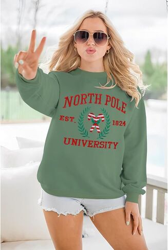 IZYJOY Christmas North Pole University Sweatshirt Women Xmas Candy Embroidered Shirt Crewneck Oversized Holiday Pullover Top in Saudi Arabia