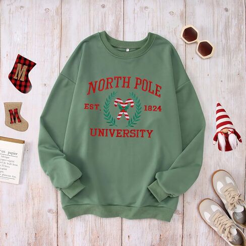 IZYJOY Christmas North Pole University Sweatshirt Women Xmas Candy Embroidered Shirt Crewneck Oversized Holiday Pullover Top in Saudi Arabia