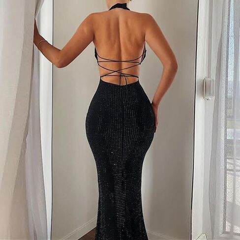 فستان نسائي طويل مثير بياقة على شكل V بدون ظهر، فستان طويل رائع للحفلات المسائية in Kuwait