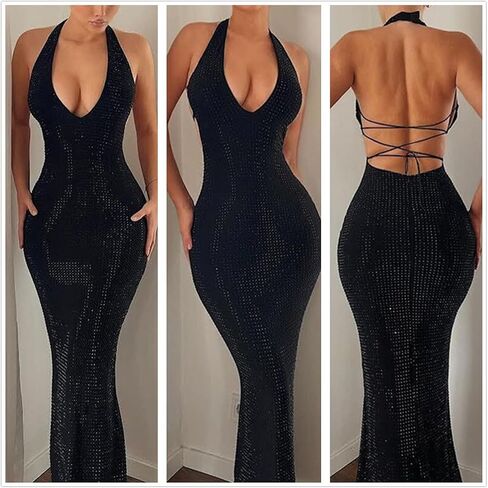 فستان نسائي طويل مثير بياقة على شكل V بدون ظهر، فستان طويل رائع للحفلات المسائية in Kuwait