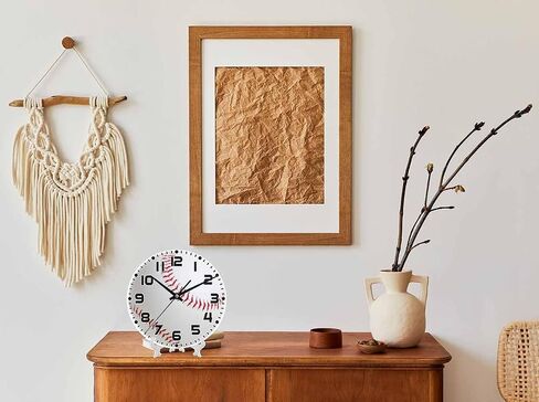 Baseball Wall Clock 10 inch Round White Sports Ball Silent Non Ticking Wood Wall Clocks Battery Operated Easy to Read Decorative Wall Clock for Bedroom Kitchen Living Room Bathroom in Saudi Arabia