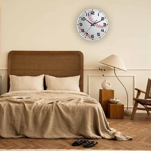 Baseball Wall Clock 10 inch Round White Sports Ball Silent Non Ticking Wood Wall Clocks Battery Operated Easy to Read Decorative Wall Clock for Bedroom Kitchen Living Room Bathroom in Saudi Arabia