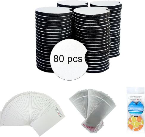60PCS Sublimation Coasters Blanks, Round Car Coasters Sublimation Blanks Set, Car Coaster Packaging with Display Cards Bags, 4 Inch Blank Cup Mat for Sublimation Transfer Heat Press DIY Crafts in Saudi Arabia