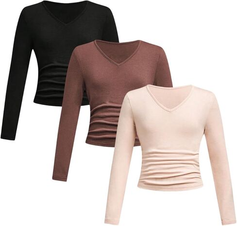 SOLY HUX Girl's Ruched Long Sleeve Shirts 3 Packs V Neck Basic Spring Fall T-Shirts Tops in Kuwait