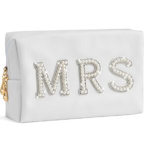Y1tvei Bling Varsity Letter Makeup Bag -Pearl Rhinestone Patches, PU Leather, Waterproof Zipper Purse for Women