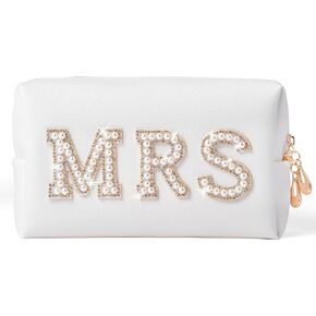 Y1tvei Bling Varsity Letter Makeup Bag -Pearl Rhinestone Patches, PU Leather, Waterproof Zipper Purse for Women in Kuwait