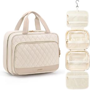 Travel Toiletry Makeup Bag for Women Hanging Toiletry Bag Cosmetic Organizer Make up Bags for Women Travel Essentials (Beige)