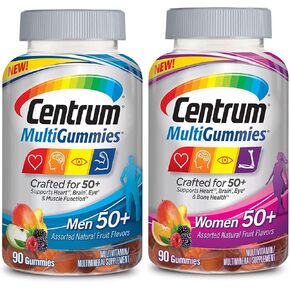 Centrum MultiGummies Men and Women 50+ Bundle Supports Heart, Brain and Eye Health Multivitamin/Multimineral Supplement in Assorted Natural Fruit Flavor (90 Gummies) Pack of 2