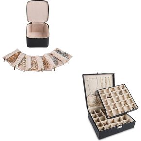 Frebeauty 50 Slots Jewelry Box and Portable Travel Jewelry Box Bundle.One for Home,One for Travel(Black)