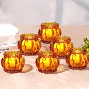Amber Tea Light Candle Holder Set of 6 - Vintage Ribbed Glass Wishing Candle Holder for Wedding Centers, Christmas Parties, and Home Decor