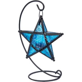 FAVOMOTO Star Hanging Candle Lantern with Stand - Decorative Moroccan Lantern Tea Light Candle Holder for Home,Red Iron Candlestick with Pentagram,Essential