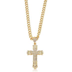 Rhinestones Cuban Link Chain Necklace with CZ Cross Pendant, 20inch Diamond Cuban Link Hip Hop Rapper Jewelry for Men and Women (Gold)