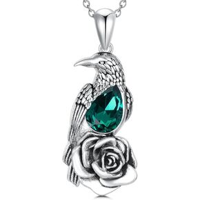 Raven Necklace with Crystal 925 Sterling Silver Rose Flower Crow Pendant Jewelry for Men