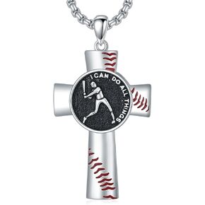 925 Sterling Silver Baseball Cross Necklace for Men Softball Baseball Cross Faith Inspirational Pendant Necklace with 2.5mm 24"+2" Circular Box Chain for Women Men Baseball Player