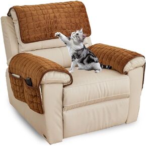 Recliner Chair Cover Headrest Cover Thickened Flannel for Recliner Chair Quilted Non Slip Armchair Cover with Pockets Furniture Protector Cover for Pets (Grey,1 Seater 3PCS)