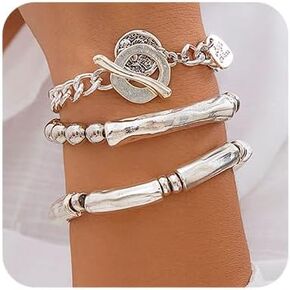 Silver Bangle Stretch Tube Beads Bracelet Elastic Round Ball Beads Chain Bracelet Chunky Layered Tube Chain Dangle Bracelet with Toggle for Women