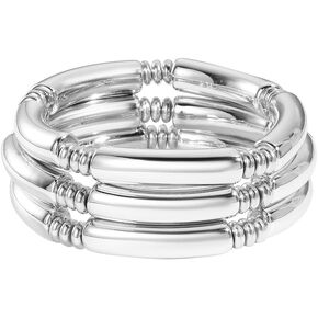 Chunky Gold Bangles Bracelets for Women - 14k Gold Plated Stack Layered Curved Bamboo Tube Stretch Bracelets Gift Jewelry