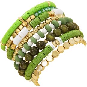 8Pcs Heishi Beaded Stretch Bracelets Bohemian Stackable Bracelet Heart Clay Gold Beaded Bracelet for Women Multi-Layer Friendship Summer Beach Jewelry