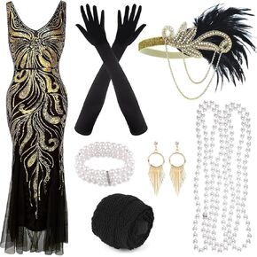 PLULON 1920s Sequin Beaded Fringed Dress with Roaring 20s Accessories Set V Neck Gatsby Dress