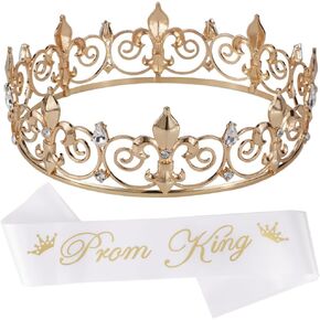 Ｎｏｏｎｈｏｒｓｅ Noonhorse Prom King Sash Tiara & Crown for Men Boy Gold Crown for Men Prince Crown Happy Homecoming Accessories