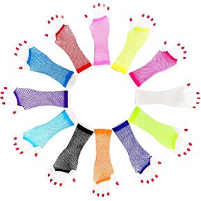 Novelty Place 12 Pairs Fingerless Fishnet Gloves - Assorted Neon Colors Oversleeves for Girls and Women's Costume Accessories, 80s Parties, and Retro Fashion