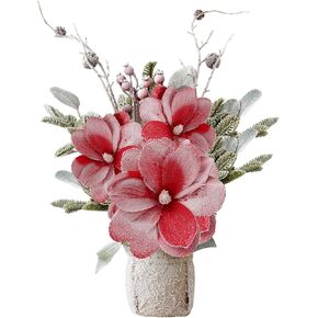 Poinsettias Artificial Christmas Flowers Tabletop White Magnolia Christmas Flowers Artificial Plants 13" Mini Frosted Faux Poinsettia Plants for Table Fireplace Home Winter Decorations