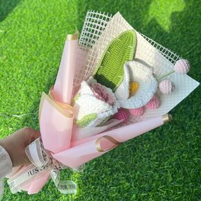 JOMODECOR Handmade Crochet Rose Berry Bouquet, Knitted Artificial Forever Flowers with Exquisite Wrap, Gift to Girlfriend Mom Women, Perfect for Valentines, Home Decor, Celebration