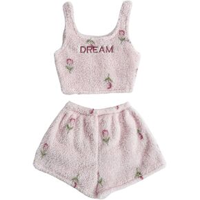 SHENHE Women's Fuzzy Pajamas Bear Print Puffy Tank and Shorts 2 Piece Cute Pajama Set