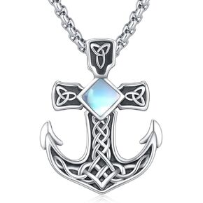 CUOKA MIRACLE Anchor Necklace for Men, 925 Sterling Silver Celtic Knot Anchor Pendant Moonstone/Opal/Turquoise/Malachite Gemstone Anchor Jewelry Oxidized Ocean Nautical Necklace Teens Inspiring Gifts